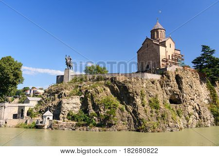 Metekhi Church And Vakhtang Gorgasali Monumen In Tbilisi, Georgia