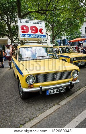 BERLIN - JUNE 05 2016: The popular Soviet car VAZ 2101 in the colors of the traffic police of the USSR. Classic Days Berlin 2016.