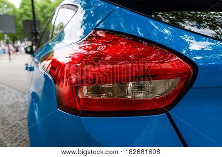 BERLIN - JUNE 05 2016: Stoplight of compact car Ford Focus RS (third generation) close-up. Classic Days Berlin 2016.