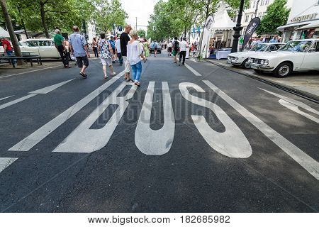 BERLIN - JUNE 05 2016: Dedicated bus lanes on the Kurfurstendamm. Classic Days Berlin 2016