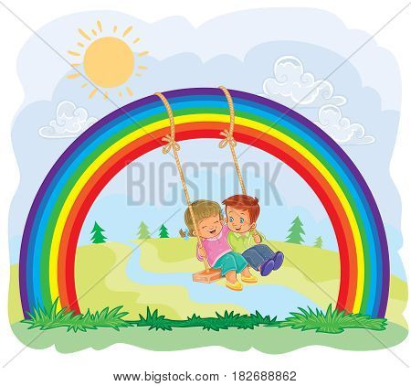 illustration of a carefree young children swinging on the rainbow