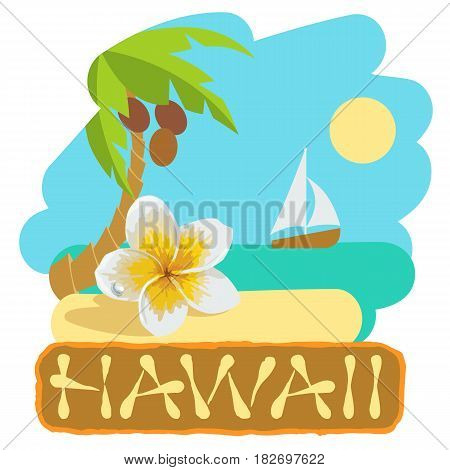 Tropical island with palm trees. Vector illustration icon with boat and palm. Hawaii inscription text.
