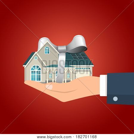 Hand holding residential building with the gray colored ribbon. Vector illustration.