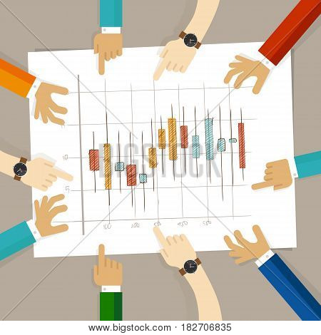 candle stick chart hand drawing sketch analysis. team member together working discuss in a meeting hands pointing to paper vector