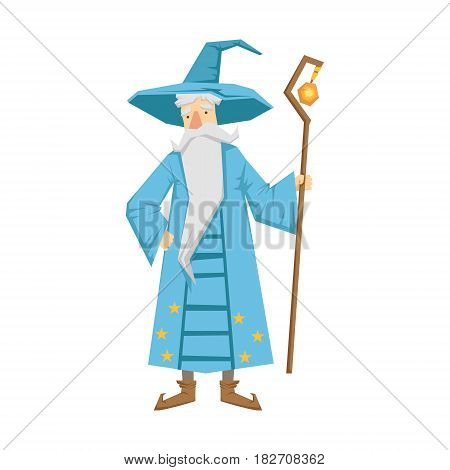 Magic old man with magic staff wearing in a blue robe and hat. Colorful fairy tale character Illustration isolated on a white background