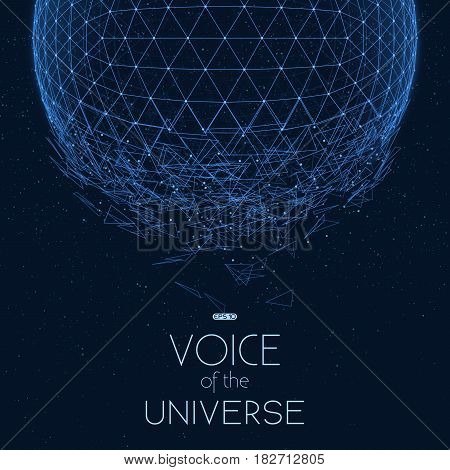 Crashing blue space sphere. Abstract vector background with tiny stars. Glow of sun from the bottom. Abstract space geometry. Sparkles of alien stars on the backdrop. Disintegration of cyber sphere.
