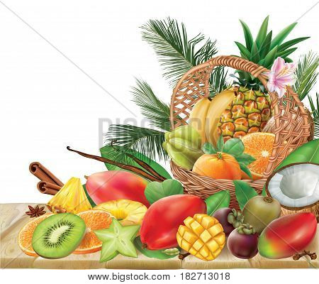 Basket with tropical fruits and spices on a wooden table. Vector illustration