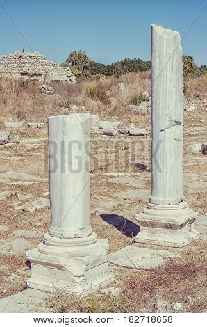 Ancient columnated street ruins from the Turkish town of Side.