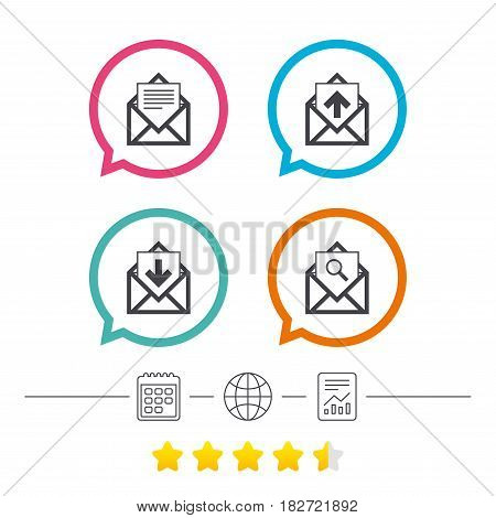 Mail envelope icons. Find message document symbol. Post office letter signs. Inbox and outbox message icons. Calendar, internet globe and report linear icons. Star vote ranking. Vector