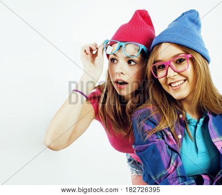 best friends teenage girls together having fun, posing emotional on white background, besties happy smiling, lifestyle people concept close up. making selfie