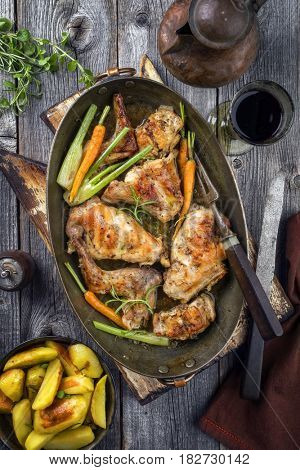 Rabbit with Vegetable and Potatoes as top view in a Stewpot