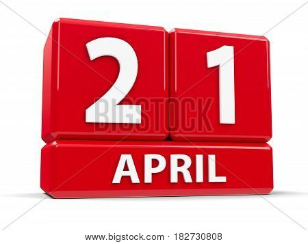 Red cubes - The Twenty First of April - on a white table three-dimensional rendering 3D illustration