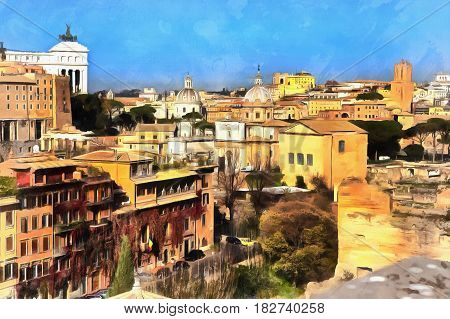 Colorful painting of view on Capitolium from Palatine Hill, Rome, Italy