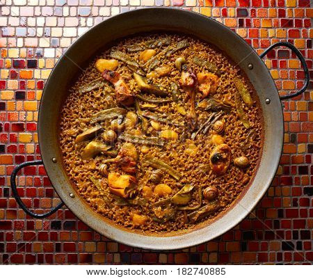 Valencian Paella with chicken rabbit artichokes beans and snails