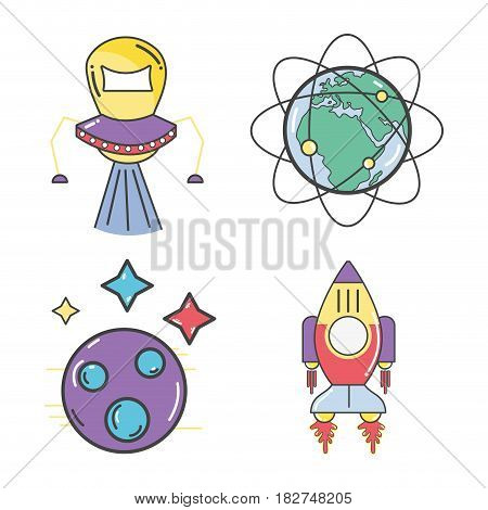 UFOs and geostationary orbital in earth planet with rocket, vector illustration