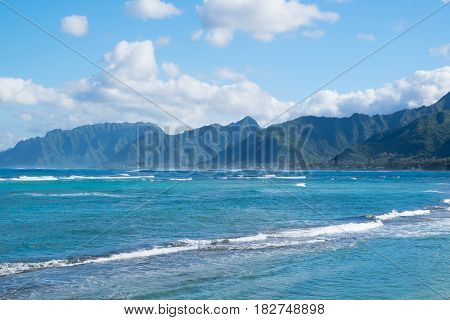 Travel scenic landscape of Bathtub Beach in Laie Oahu Hawaii on the North Shore windward side of the island.