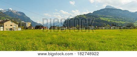 Panorama of the town Brunnen. Traditional Alpine meadows with luscious bright grass. Tractor fertilizes the field. Travel to Europe.