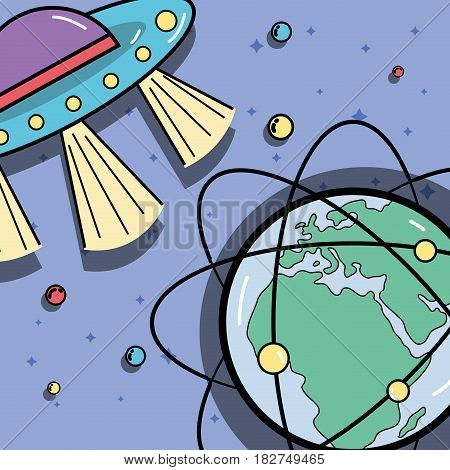 UFOs and geostationary orbits around earth planet, vector illustration