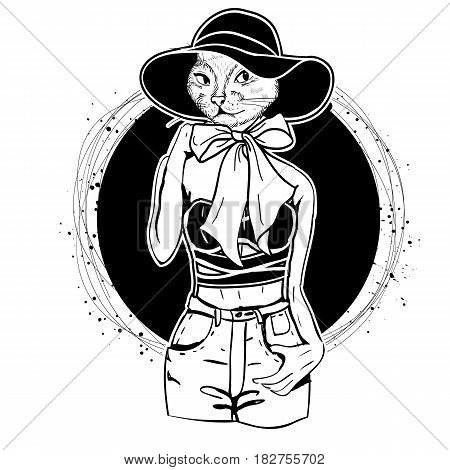 Vector monochrome sketch of female model with cats head wearing ripped moms jeans, top, hat, bow and ballet flats