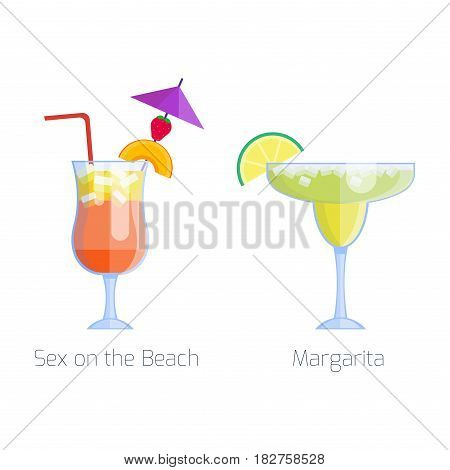 Set of alcoholic cocktails isolated fruit cold drinks tropical margarita freshness and party alcohol sweet tequila vector illustration. Juice with refreshment rum restaurant beverage.