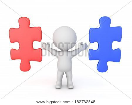 3D Character with two puzzle pieces next to him one red another blue. Image conveying the concept of choice.