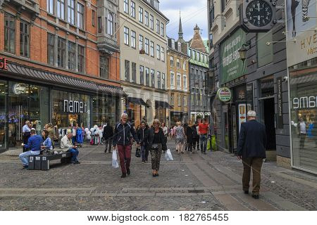 COPENHAGEN, DENMARK - JUNE 29, 2016: This is part of the pedestrian area of Stroget.