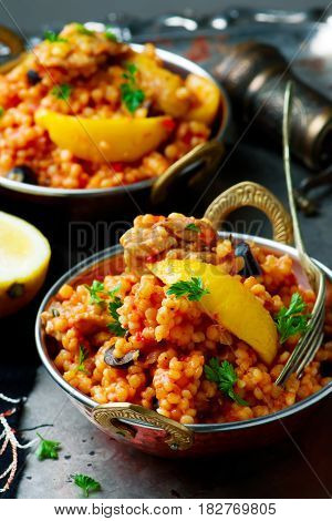 lemony chicken stew giant couscous ..selective focus