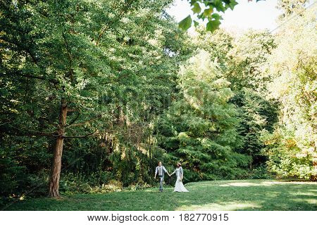 Happy Couple Walking In Summer Park