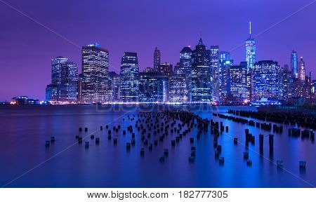 New York city skyline at night, Manhattan, USA
