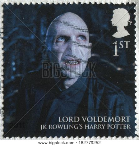 GOMEL, BELARUS, APRIL 21, 2017. Stamp printed in UK shows image of  The Lord Voldemort Jk Rowling's Harry Potter, circa 2000.