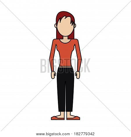 faceless woman with red straight hair long sleeve shirt and pants  icon image vector illustration design