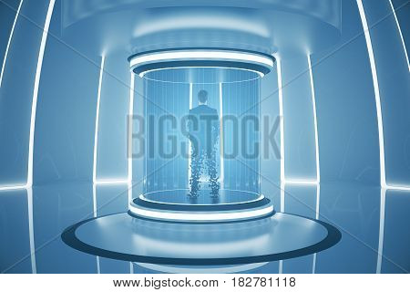 Back view of businessperson inside abstract teleportation sation. Future technologies concept. 3D Rendering