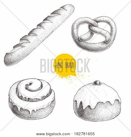 Hand drawn sketch style bakery goods illustrations set isolated on white background. Fresh salted pretzel french baguette iced cinnamon bun and iced bun with cherry. Daily product. Fresh-baked bread.