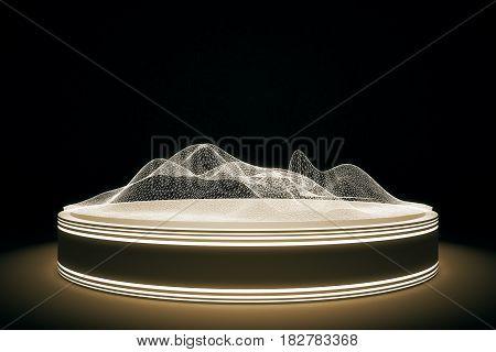 Abstract digital podium with amber hologram on dark bckground. 3D Rendering