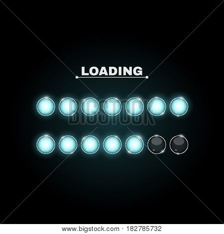 Loading. Realistic round lamps are blue. Neon flashlights glow in the dark. Beautiful glow. Realistic vector illustration for web. Metal structure of the bulb. New technologies. EPS 10
