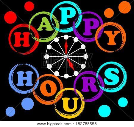 Happy hours billboard in rainbow colors with clock face and letters in circle