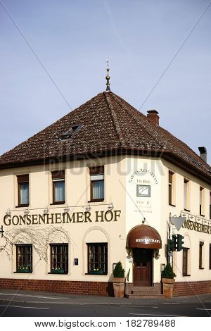 MAINZ, GERMANY - MARCH 22: The corner entrance and the exterior facade of the restaurant Gonsenheimer Hof on March 22, 2017 in Mainz.