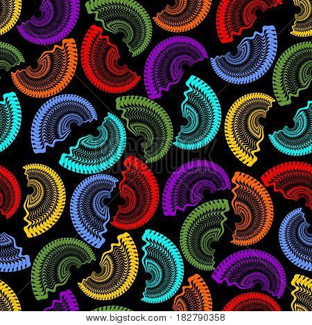 Seamless dark background with rainbow semicircle fine patterns on black area