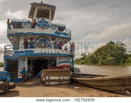 Amazon River Peru - May 12 2016: A passenger ferry and cargo on the Amazon river