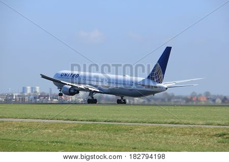 Amsterdam the Netherlands - April 2nd 2017: N67058 United Airlines Boeing 767-400 takeoff from Polderbaan runway Amsterdam Airport Schiphol