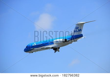 Amsterdam the Netherlands - April 2nd 2017: PH-KZL KLM Cityhopper Fokker F70 takeoff from Polderbaan runway Amsterdam Airport Schiphol