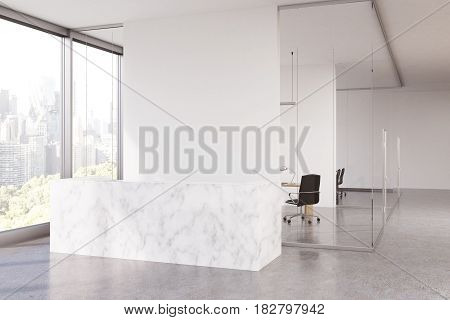 Glass office interior with a marble reception counter standing in a lobby. An office with glass walls in the background. 3d rendering mock up