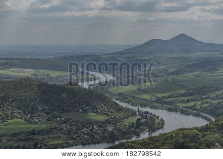View from Skalky point over Labe river in spring cloudy day