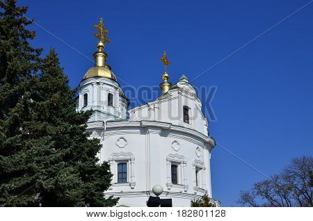 The Bell Tower Of The Holy Dormition Cathedral In Poltava. Assumption Cathedral On Ivan Mazepa Hill