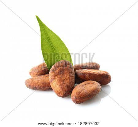 Aromatic cocoa beans on white background