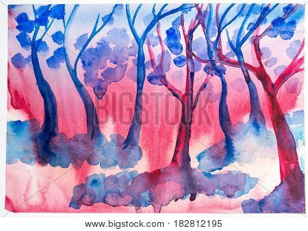 Abstract landscape with watercolor paint. Drawing on wet paper. In the style of a la prima. The forest is in red-blue tones.