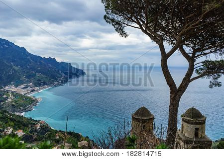 The amazing view from Villa Rufolo Ravello town Amalfi coast in the cloudy day southern Italy