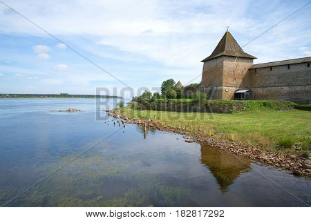 August landscape with river Neva and the historic fortress. The Oreshek Fortress, Shlisselburg. Russia