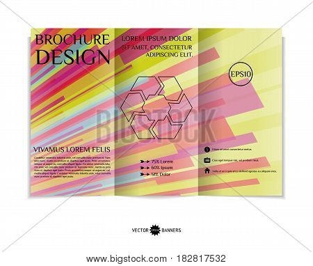 Tri-fold brochure template with modern geometric background. Three-fold leaflet design with random lines and tripes. Vector illustration.
