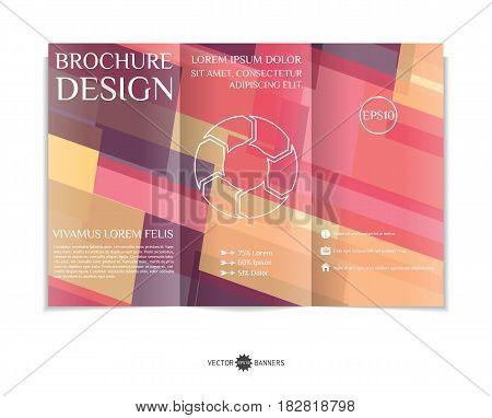 Tri-fold brochure template with modern geometric background. Three-fold leaflet design with random lines and tripes. Vector illustration.
